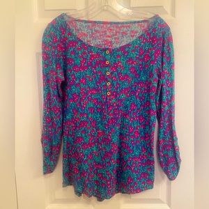 Lilly Pulitzer Porter Floral Cotton Henley Top - Size Medium - EUC